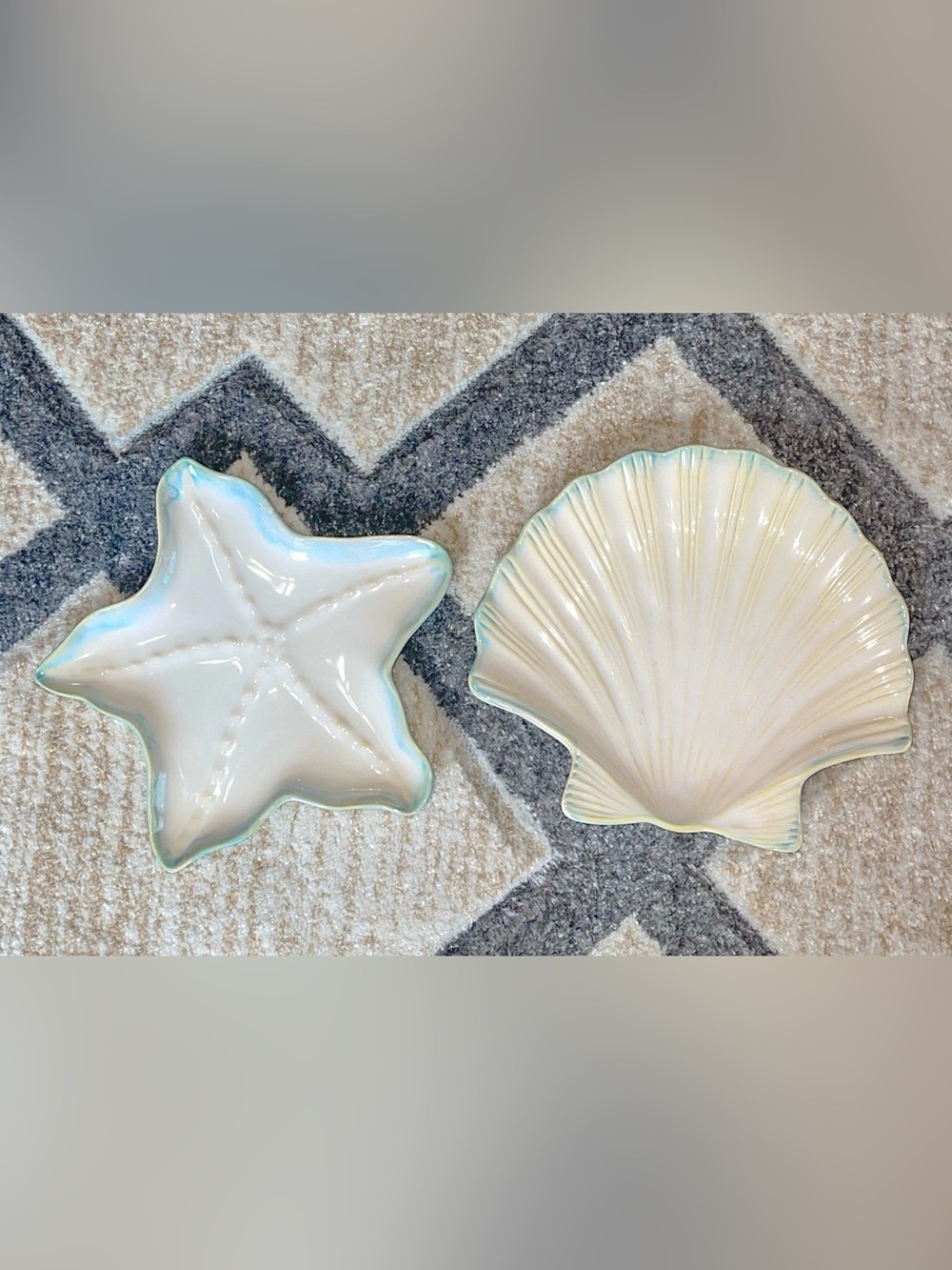 Coastal Iridescent White Starfish & Shell Ceramic Dishes